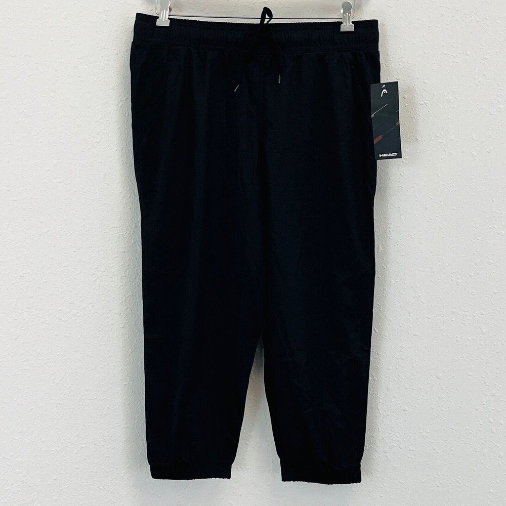 Womens L Head Alana Woven‎ Crop Pants Black Cuffed Fit Pull On Elastic Waist
